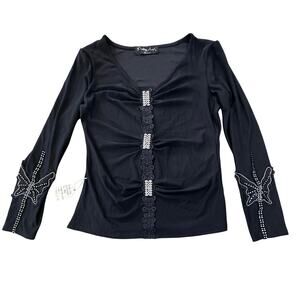 NWT Black Silk Rhinestone & Lace Whimsigoth Top SZ XS/Small Y2K Glam Romantic